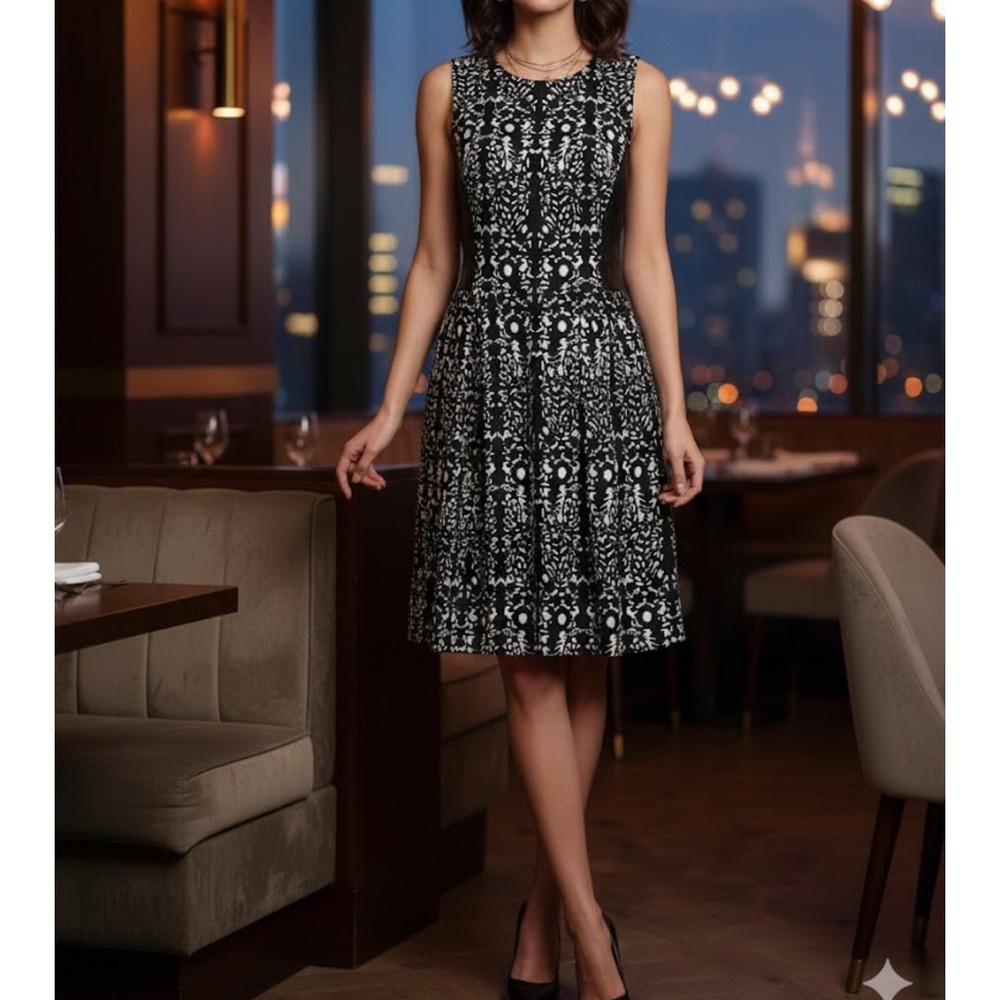 HUNTER BELL Black and White abstract print with leather trim sleeveless dress